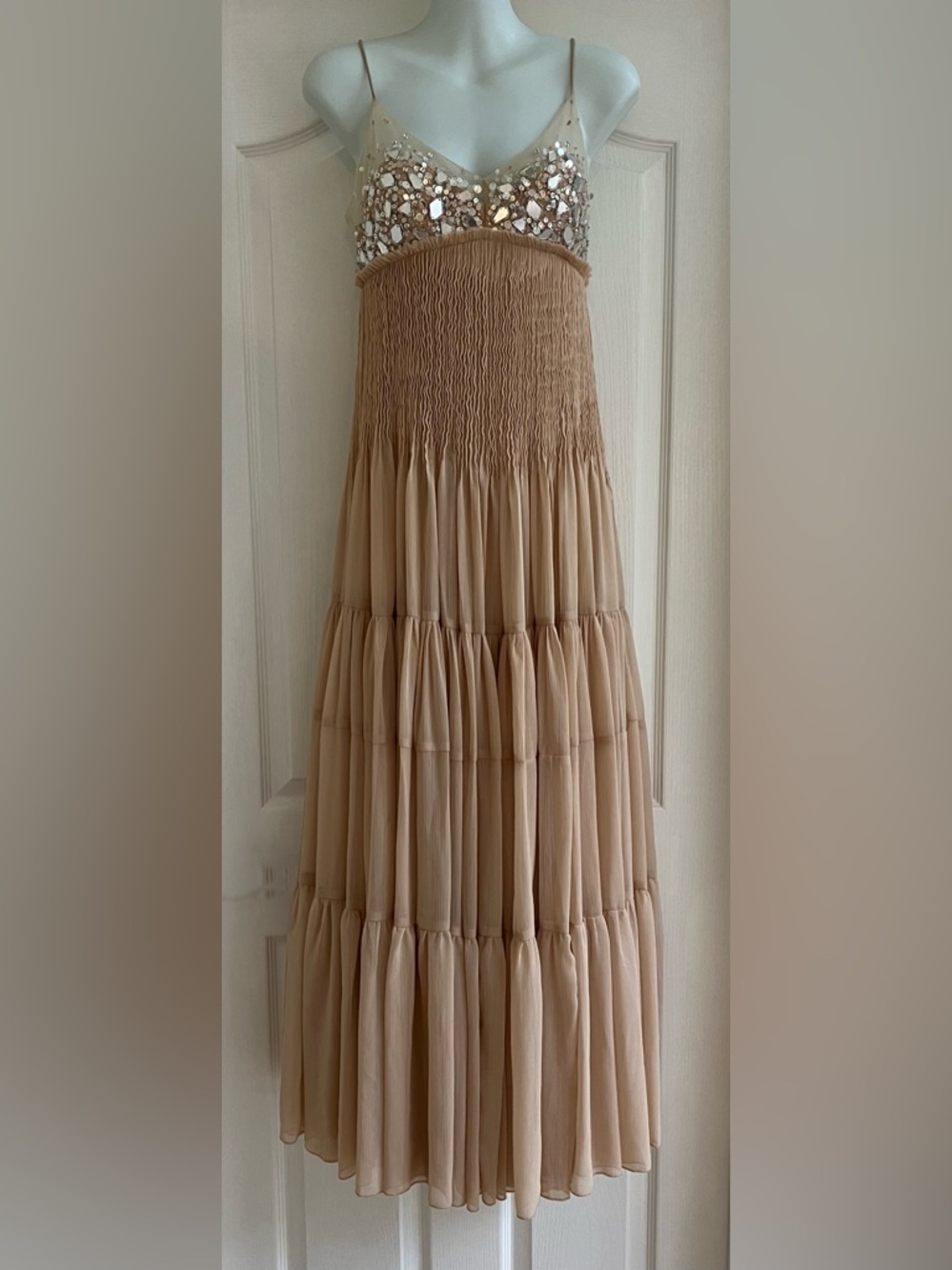 Beige Embellished Tiered Maxi Dress Smocked Bust Maddy Paris Inspired XS NWOT